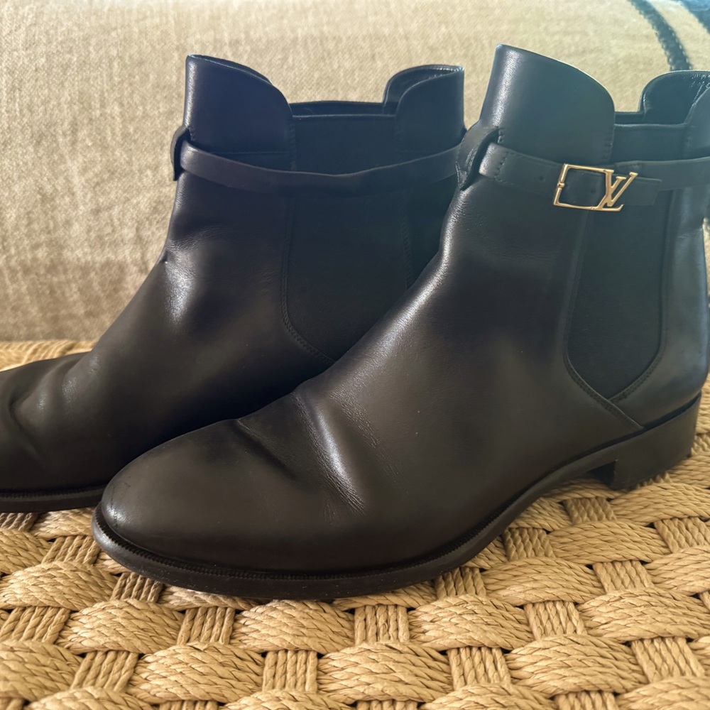 Louis Vuitton Slide on booties with LV ankle strap detail